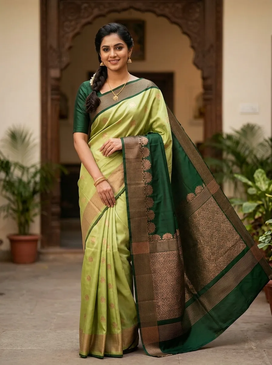 Parrot Green & Dark Green Traditional Saree